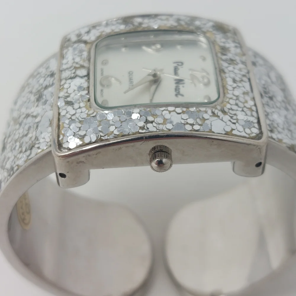 Pierre Nicol Silver Sequin Sparkly Watch Cuff Bracelet Square Face Glam Bling